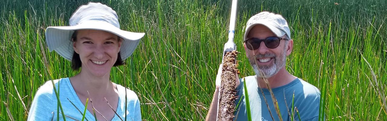 Ecologists and principal investigators Pat Megonigal and Genevieve Noyce study wetlands at the Smithsonian Environmental Research Center