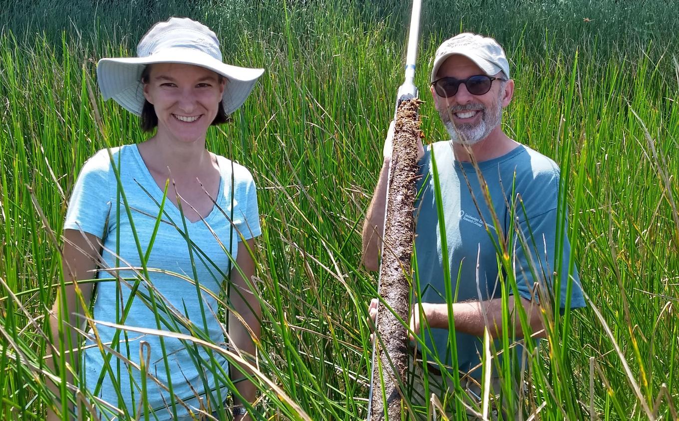 Ecologists and principal investigators Pat Megonigal and Genevieve Noyce study wetlands at the Smithsonian Environmental Research Center
